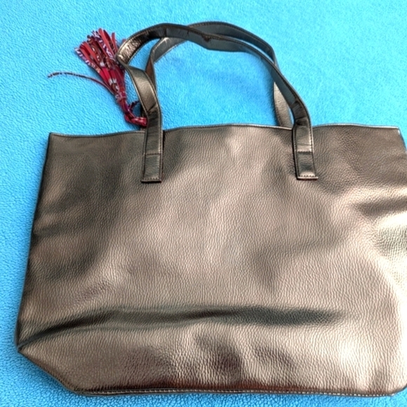 NWOT Bronze Metallic Faux Leather -Snap Shut Tote Bag w/ Bright Floral Lining - Picture 2 of 14